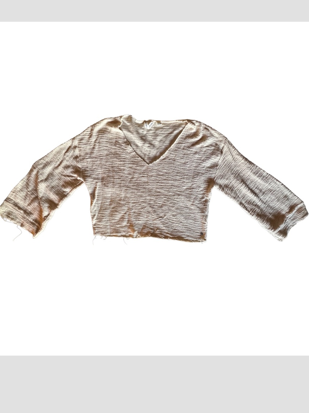 Roxy Beige V-Neck Cropped Long Sleeve Top